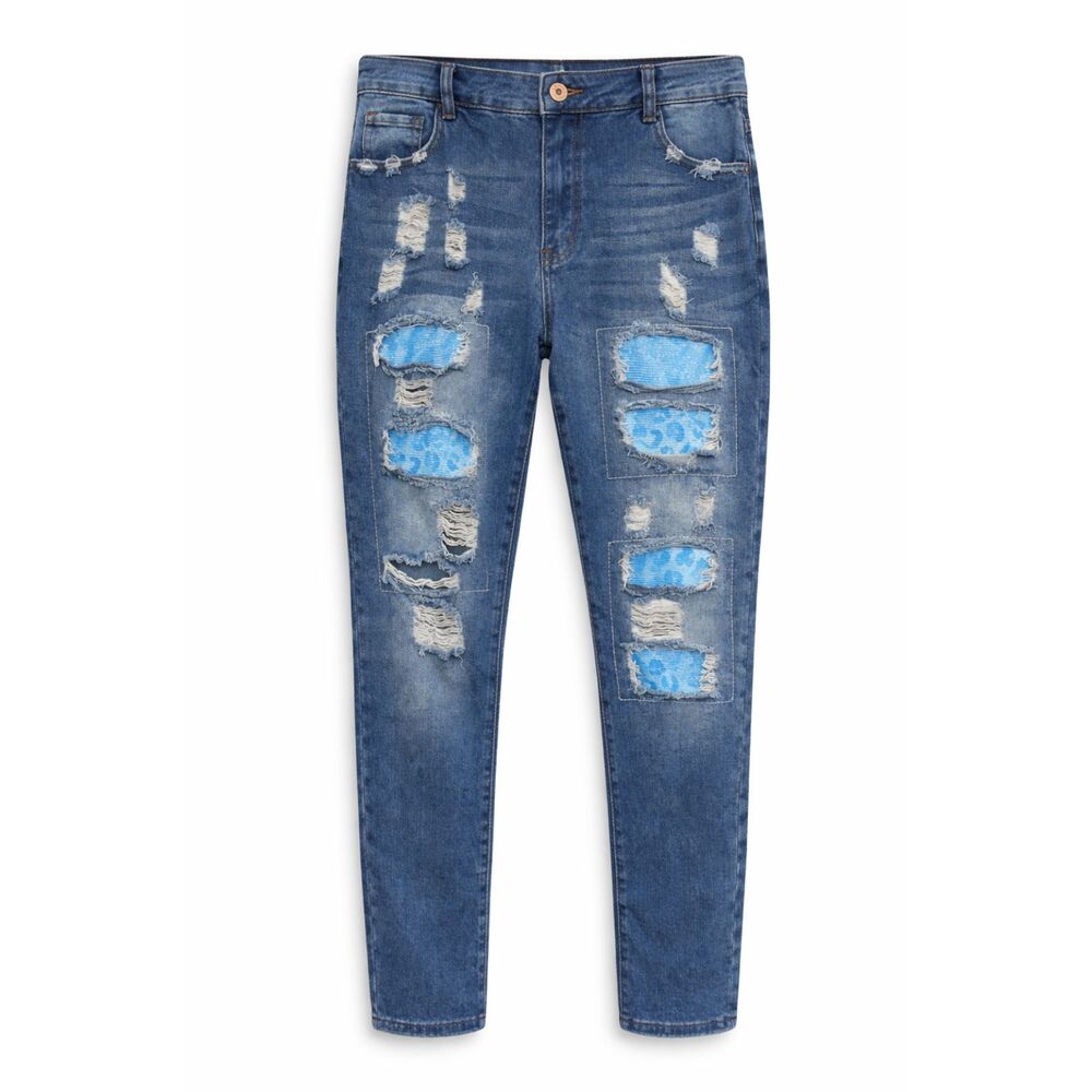 Distressed Jeans Blue Patchwork Denim Straight Leg - image 1